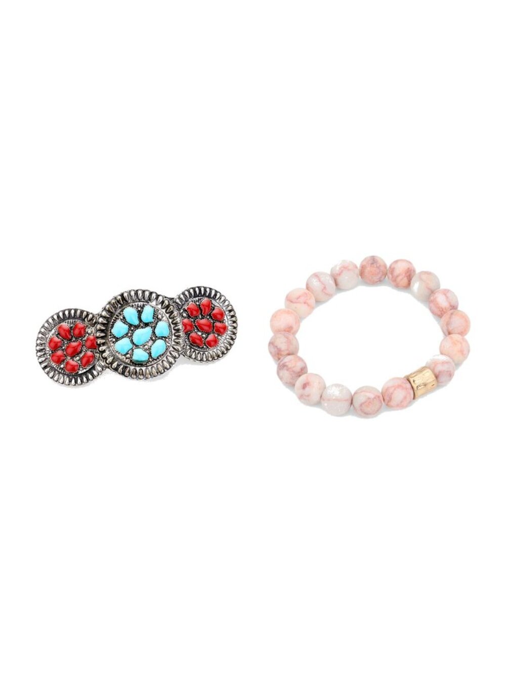 Southwest Concho Barrette + Red Vein Jasper Stretch Bracelet Gift Set - Boho